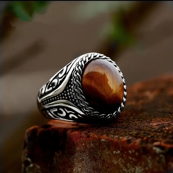 Vintage Tiger Eye Silvery Ring Bohemian Style Size 8 - Picture 13 of 17